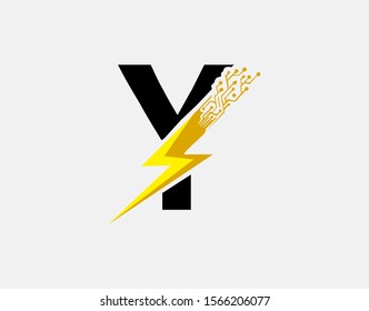 Flash Y Letter Logo Icon, Electrical Bolt With Circuit Line Shape and Initial Y Letter Logo Design.