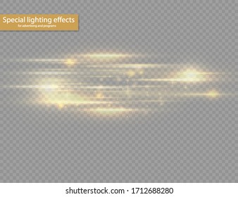 Mostrador de lentes horizontales de color amarillo brillante, vigas láser, rayos de luz horizontales, bellos rayos de luz, líneas amarillas brillantes sobre fondo transparente, resplandor dorado brillante, ilustración vectorial, cepos 10. 