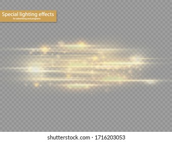 Mostrador de lentes horizontales de color amarillo brillante, vigas láser, rayos de luz horizontales, bellos rayos de luz, líneas amarillas brillantes sobre fondo transparente, resplandor dorado brillante, ilustración vectorial, cepos 10. 