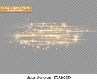 Flash yellow horizontal lens flares pack, laser beams, horizontal light rays, beautiful light flare, glow yellow line on transparent background, bright gold glare, vector illustration, eps 10. 