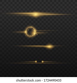 Flash yellow horizontal lens flares pack, horizontal light rays, laser beams, beautiful light flare, glow yellow line on transparent background, bright gold glare, vector illustration, eps 10. 