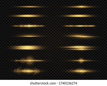 Paquete de bengalas horizontales de lente amarillo brillante, rayos de luz horizontales, vigas láser, bellos bombillas, línea amarilla brillante sobre fondo transparente, resplandor dorado brillante, ilustración vectorial, eps 10. 