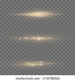 Flash yellow horizontal lens flares pack, horizontal light rays, glow yellow line on transparent background, laser beams, beautiful light flare, bright gold glare, vector illustration, eps 10. 