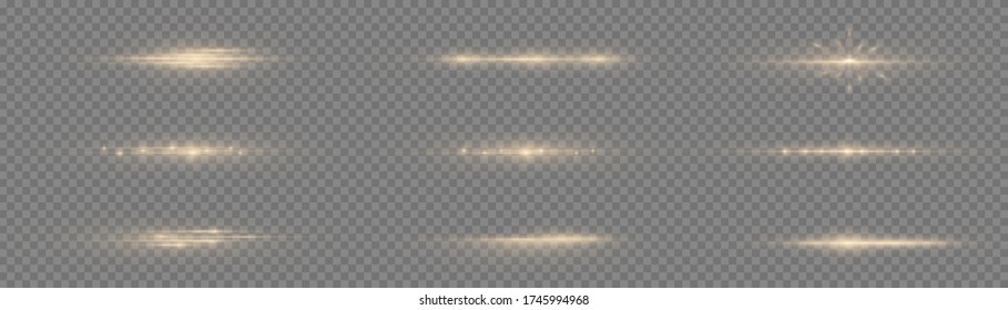 Flash yellow horizontal lens flares pack, horizontal light rays, glow yellow line on transparent background, laser beams, beautiful light flare, bright gold glare, vector illustration, eps 10. 
