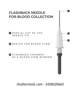 Flashback needle for blood collection infographic elements isolated on white background. Vacuum blood collection system. Vector medical illustration. 