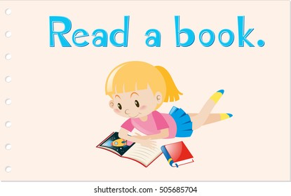 Flashcard with action word read a book illustration