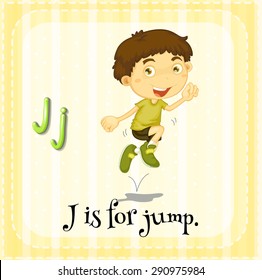 Flashcard of an alphabet J with a boy jumping