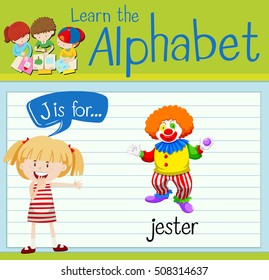 Flashcard alphabet J is for jester illustration