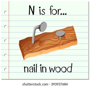 Flashcard alphabet N is for nail in wood illustration