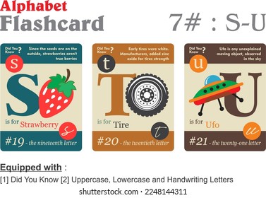 Flashcard alphabet S T U in 3 different color with information vector