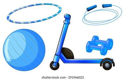 Flashcard of blue color theme with exercising equipments