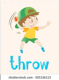 Flashcard with boy throwing ball illustration