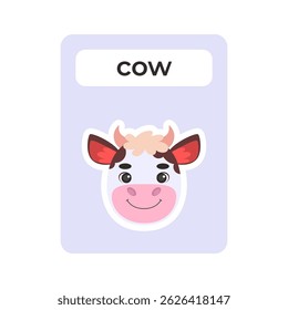 Flashcard with cow head on isolated background. Vector illustration in a flat style