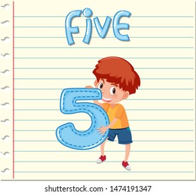 Flashcard design with number five illustration