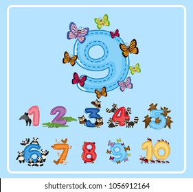 Flashcard design for number nine with butterflies illustration