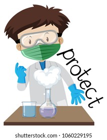 Flashcard design for word protect with boy wearing protection in lab illustration