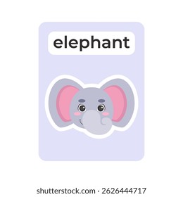 Flashcard with elephant head on isolated background. Vector illustration in a flat style