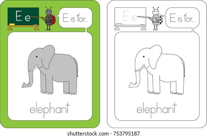 Flashcard for English language - letter e is for elephant