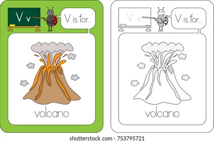 Flashcard for English language - letter V is for volcano