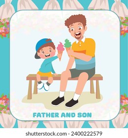 Flashcard eines Vaters, der auf einer Bank mit Sohn sitzt, während er zusammen Eis isst. Fröhlicher Vatertag. Vater- und Sohn-Taschenkarte. Vektordatei
