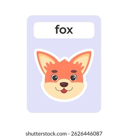 Flashcard with fox head on isolated background. Vector illustration in a flat style
