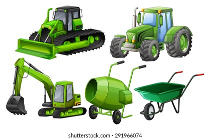 Flashcard of green color theme with construction machines