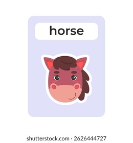 Flashcard with horse head on isolated background. Vector illustration in a flat style