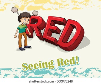 Flashcard of an idiom 'Seeing Red' with a man standing with angry expression