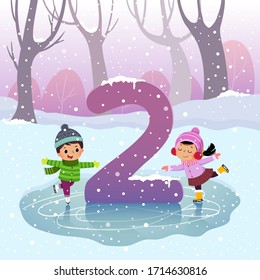 Flashcard for kindergarten and preschool learning to counting number 2 with a number of kids.