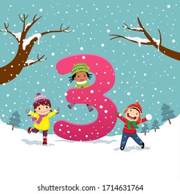 Flashcard for kindergarten and preschool learning to counting number 3 with a number of kids.