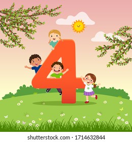 Flashcard for kindergarten and preschool learning to counting number 4 with a number of kids.