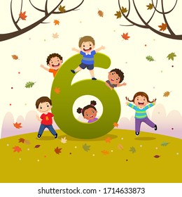 Flashcard for kindergarten and preschool learning to counting number 6 with a number of kids.