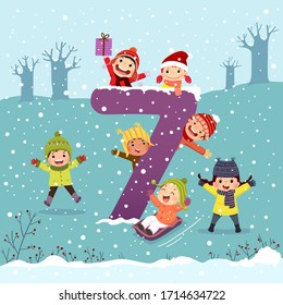 Flashcard for kindergarten and preschool learning to counting number 7 with a number of kids.