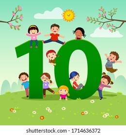 Tarjeta Flashcard para el jardín de infantes y preescolar aprendiendo a contar el número 10 con un número de niños.