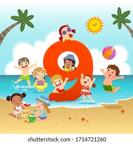 Flashcard for kindergarten and preschool learning to counting number 9 with a number of kids.