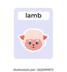 Flashcard with lamb head on isolated background. Vector illustration in a flat style
