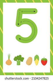 Flashcard for learning numbers with cartoon vector fruits and vegetables. How to write number five. 