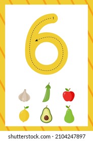 Flashcard for learning numbers with cartoon vector fruits and vegetables. How to write number six. 