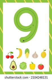 Flashcard for learning numbers with cartoon vector fruits and vegetables. How to write number nine. 