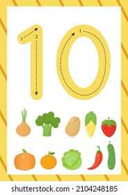 Flashcard for learning numbers with cartoon vector fruits and vegetables. How to write number ten. 