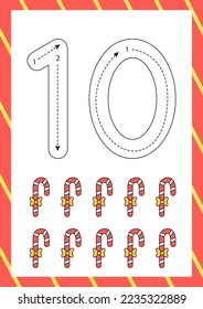 Flashcard for learning numbers with Christmas candy canes. How to write number ten. 