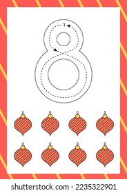 Flashcard for learning numbers with Christmas ornament. How to write number eight. 