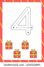 Flashcard for learning numbers with Christmas presents. How to write number four. 