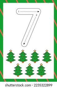 Flashcard for learning numbers with Christmas trees. How to write number seven. 
