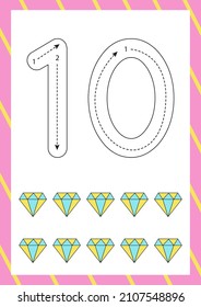 Flashcard for learning numbers with colorful diamonds. How to write number ten. 