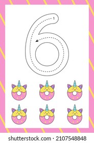 Flashcard for learning numbers with cute donuts. How to write number six. 