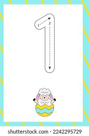 Flashcard for learning numbers with cute Easter lamb. How to write number one. 