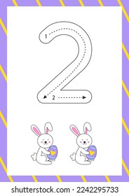 Flashcard for learning numbers with cute Easter bunnies. How to write number two. 