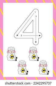 Flashcard for learning numbers with cute Easter lambs. How to write number four. 