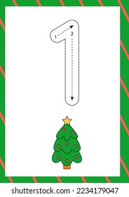 Flashcard for learning numbers with cute green Christmas tree. How to write number one. 